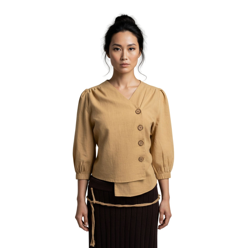 Doğal Ahşap Düğmeli Kruvaze Kesim Bluz