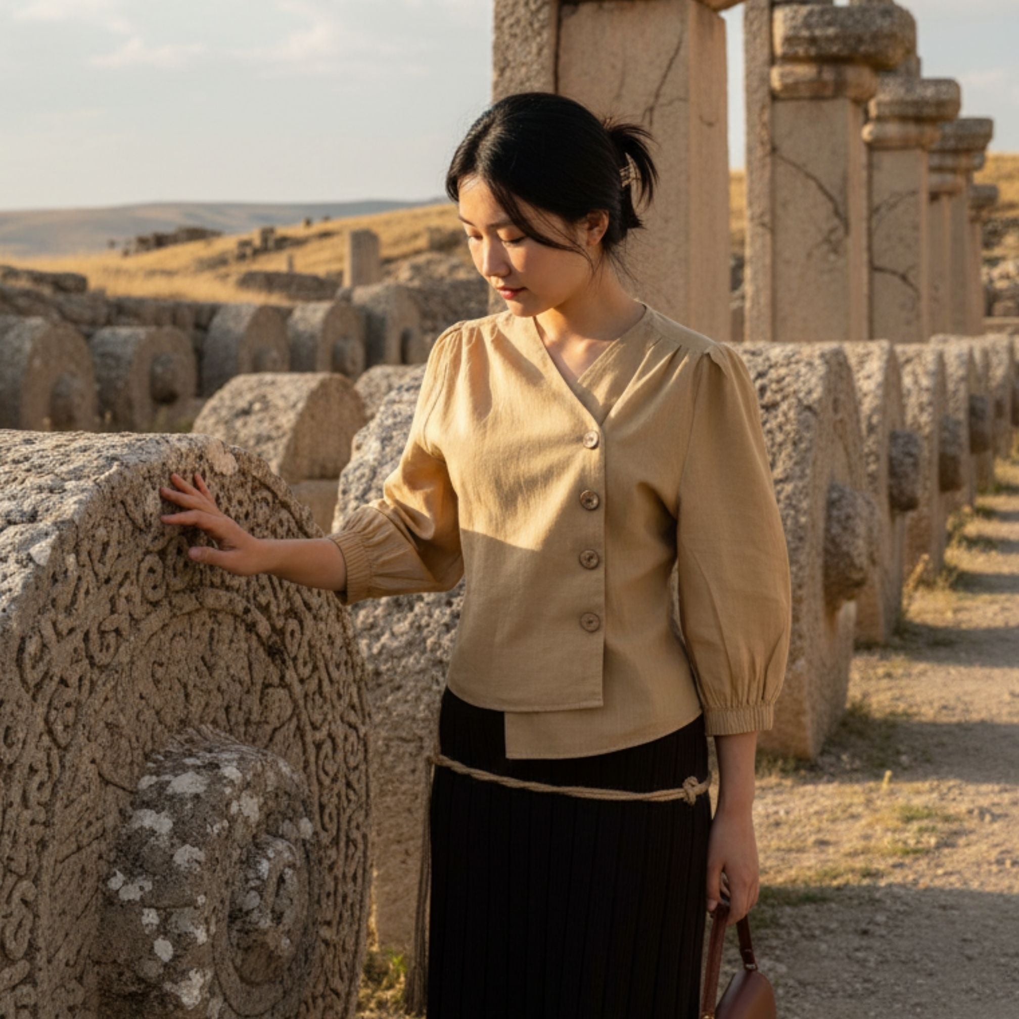 Doğal Ahşap Düğmeli Kruvaze Kesim Bluz